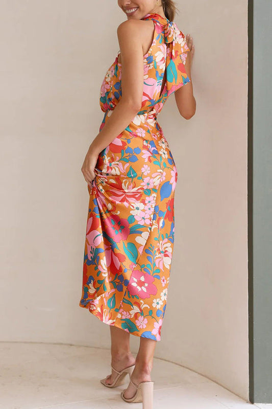 Vaena | Fascinating Day Floral Halter Neck Elastic Waist Maxi Dress